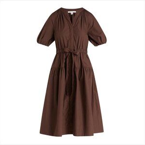 Free Assembly Brown Belted Cotton Midi V-Neck Dress with Puff Sleeves NWT